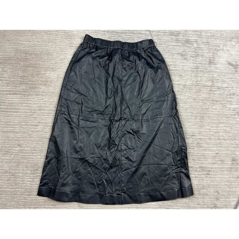 A New Day Skirt Womens Medium Black‎ Faux Leather Midi Elastic Waist Pockets NEW